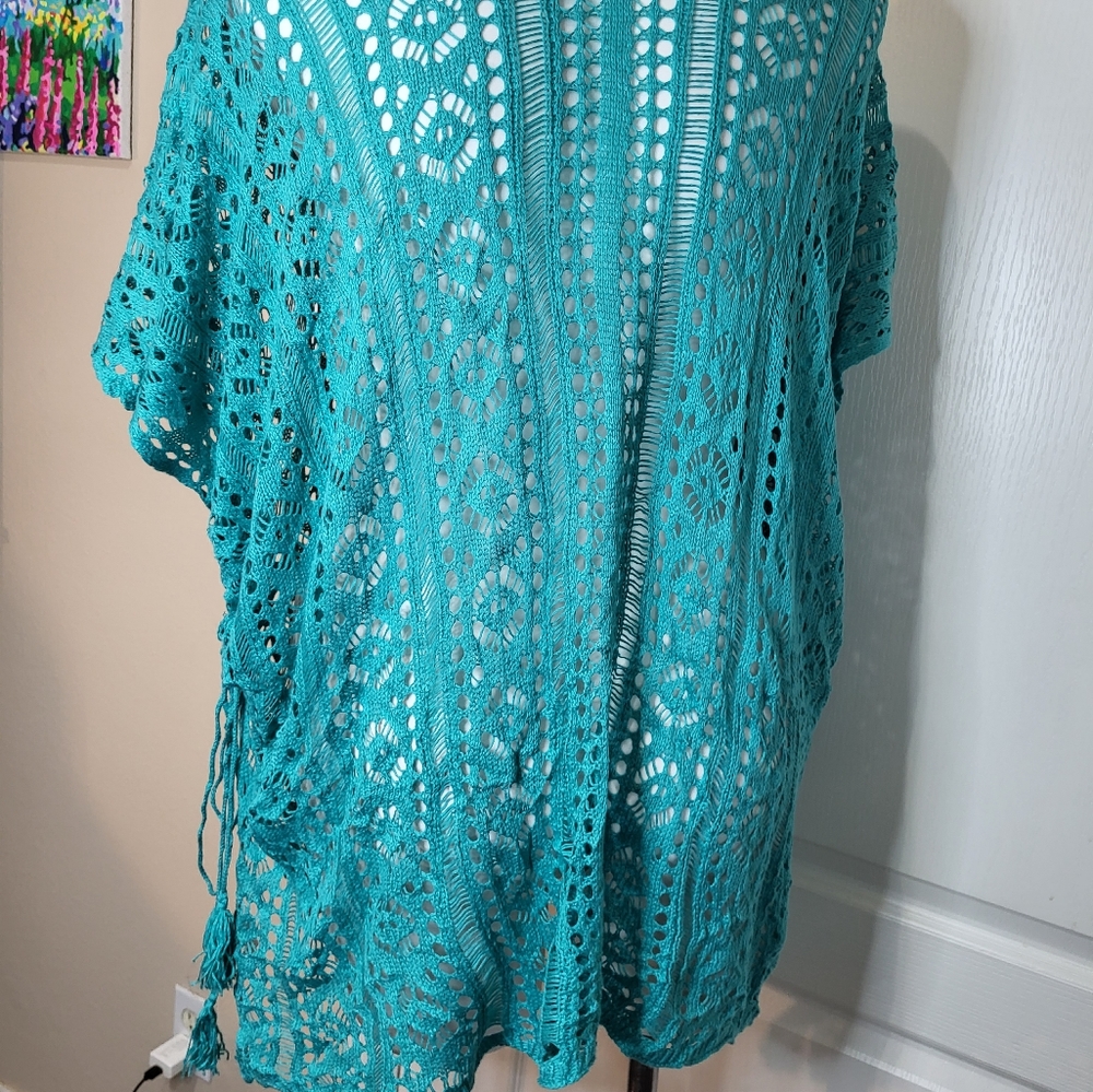 My Boutique Teal Crochet Swim Cover Up Top - Picture 7 of 11